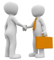 2 blankmen shaking hands, one carrying a briefcase and wearing an orange tie 1450