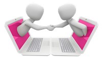 2 blankmen coming out of laptops and shaking hands. 1452