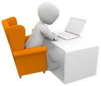blankman sitting in an orange chair at a desk with computer on it. 1481