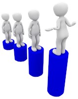 several blankmen standing on blue circular bar chart bars 1492