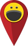 a red and yellow smiley face marker to denote location on a map 1559