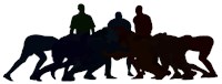 black and white silhouette image of rugby players in a scrummage. 1571