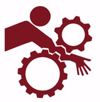 Red against white picture of an arm getting caught in gears representing danger at work or near a machine 1610