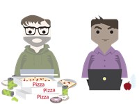 Two men having lots and lots of pizza 549