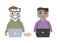 Two men having pop and pizza 552