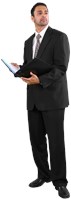 Hussein wearing a suit, holding a folio, looking away. 579
