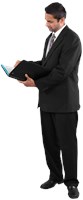 Hussein wearing a suit, holding a folio, and loooking at it seriously. 582