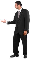 Hussein wearing a suit and holding out right hand while looking left. 586